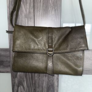 Lucky Brand Leather Crossbody Purse Clutch Foldover Adjustable Strap Sage Green